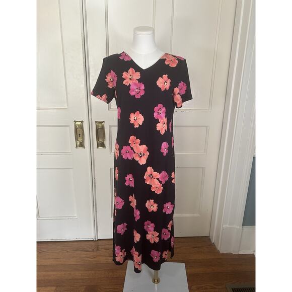 Vintage Talbots Floral Sheath Midi Dress Womens SIze SP Black Pink Classic - Picture 1 of 7
